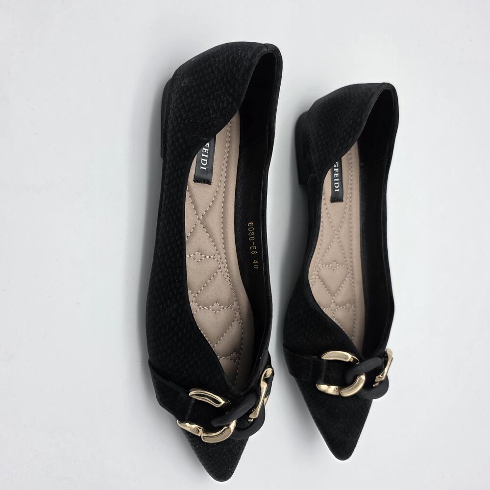 Mingfeidi Women’s Black Pointed Toe Flats Gold Chain Textured Size EU 40 US 9